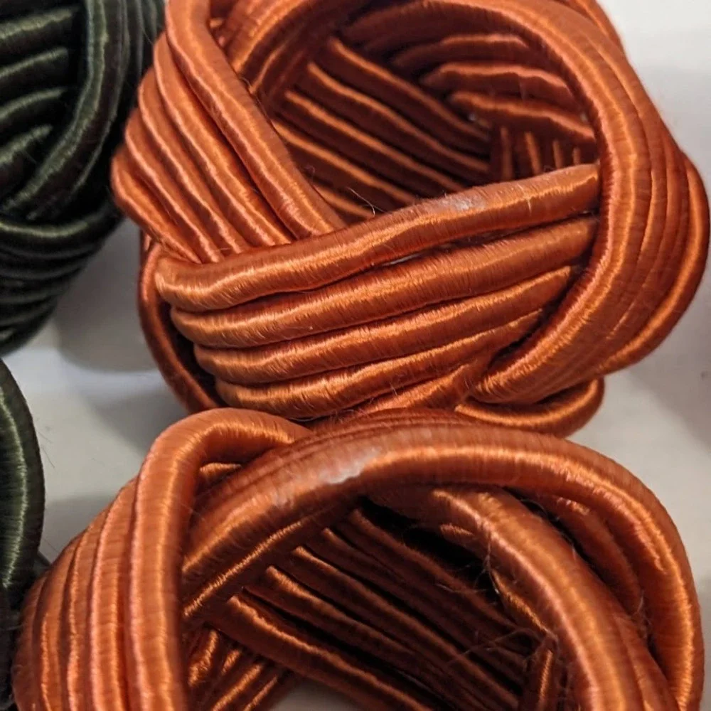8pc Williams Sonoma Woven Knot Napkin Rings Green Orange Satin Cord Turk's Head